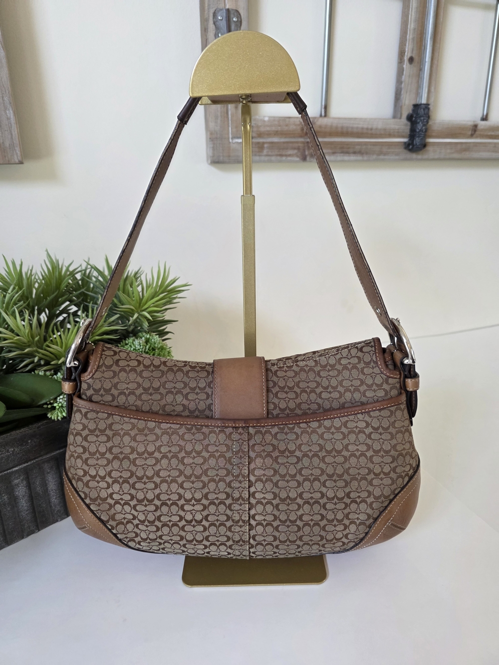 Coach Soho Signature Large Flap Shoulder Bag Brown Jacquard Canvas Leather Trim - Picture 7 of 16